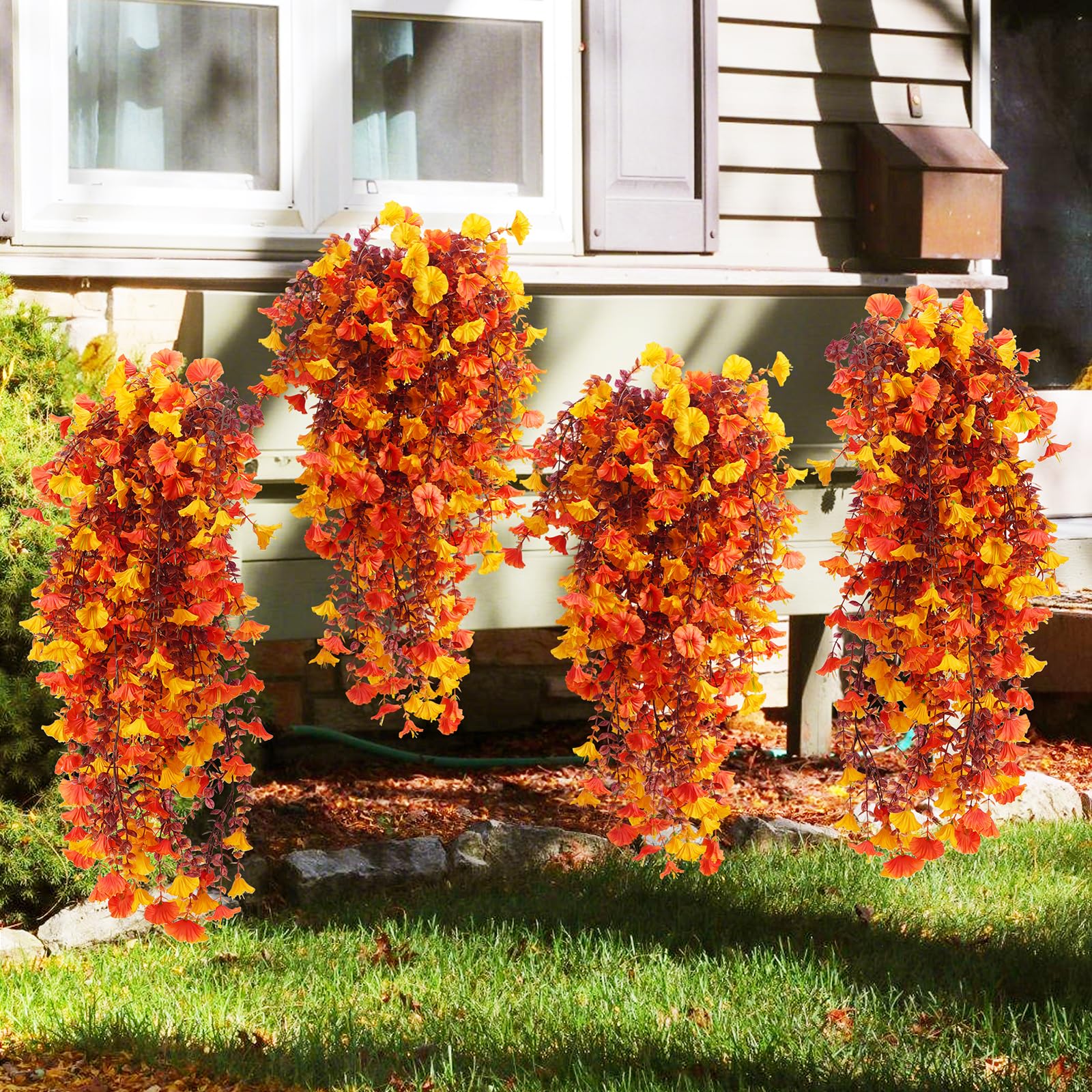 Fanfantoey Fiori artificiali autunnali per decorazione esterna e interna, 5 pezzi, resistenti ai raggi UV, fiori finti da appendere, sembrano vere piante rampicanti lunghe in finta seta, petunie per