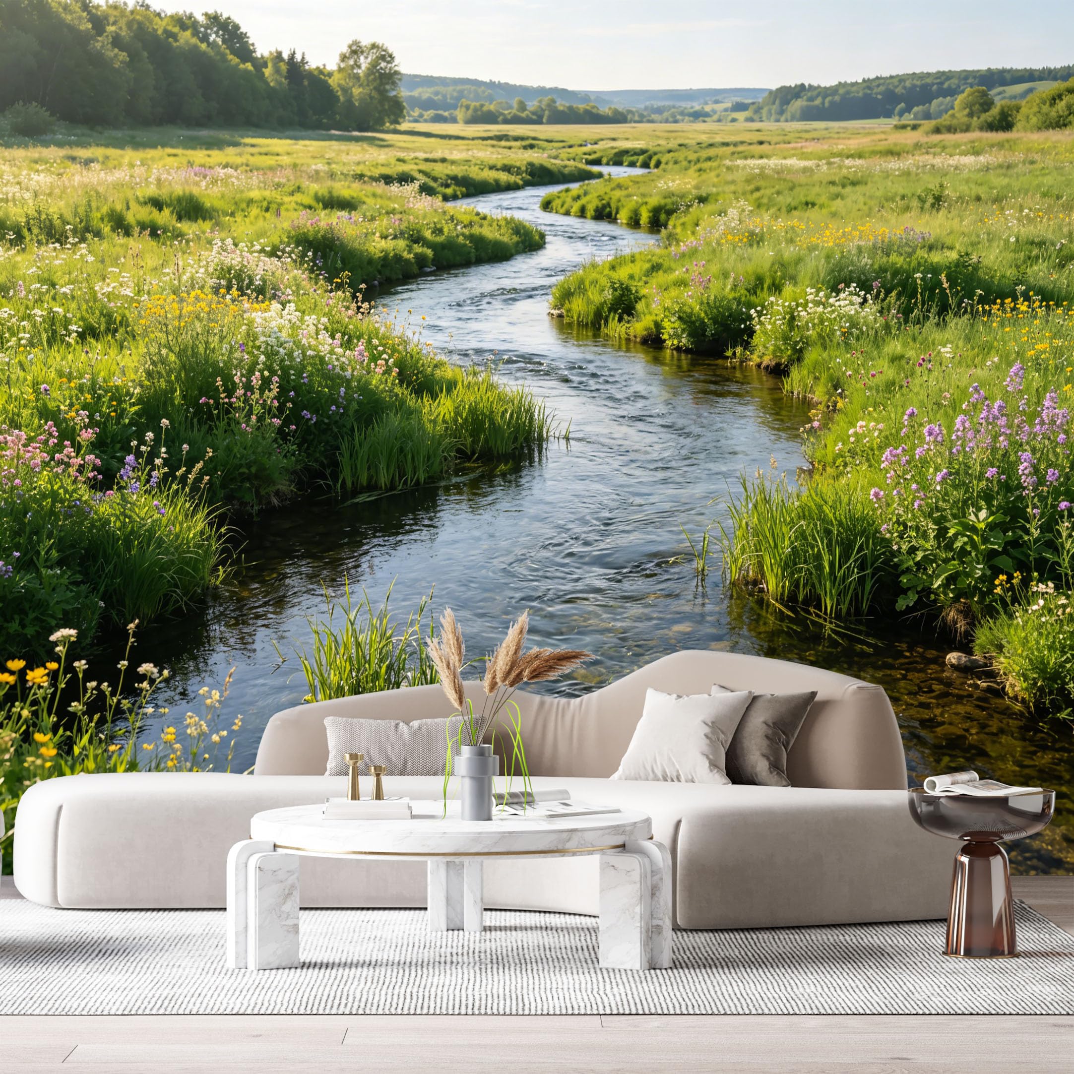 Custom Size Wall Murals Meadow Stream Landscape Botanical Wildflower River Valley SelfAdhesive Wall Fabric Removable Large Wallpaper for Photo Living Room