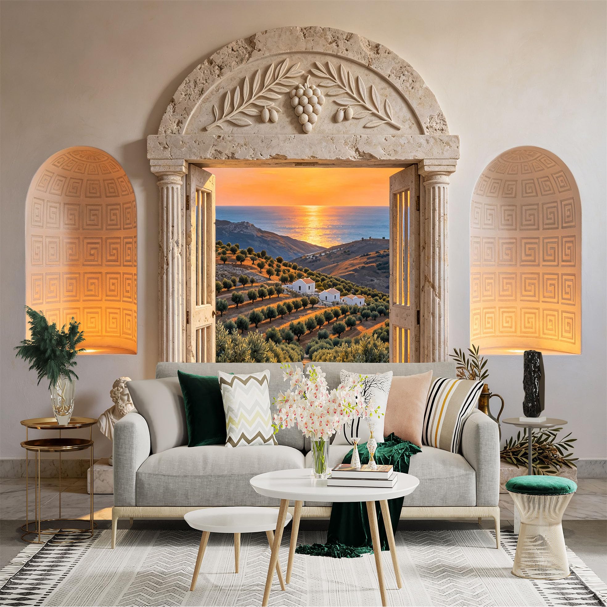 Custom Size Wall Sticker Mural， Mediterranean Olive Grove Sunset Sea View Archway， for wall Decoration， peelandstick wall Decals.