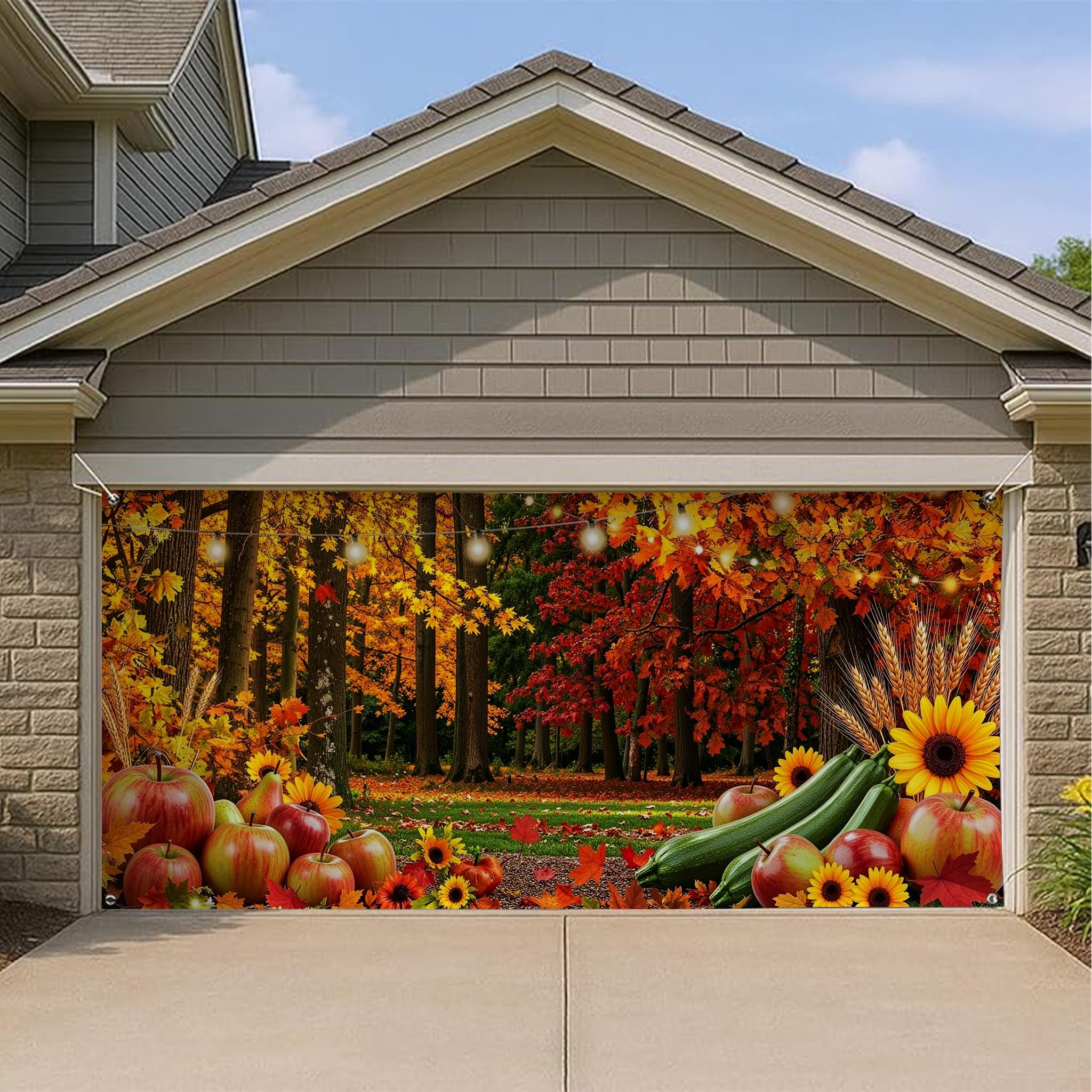 Feuilles d'automne colorées et tournesols pour masquer un garage abîmé