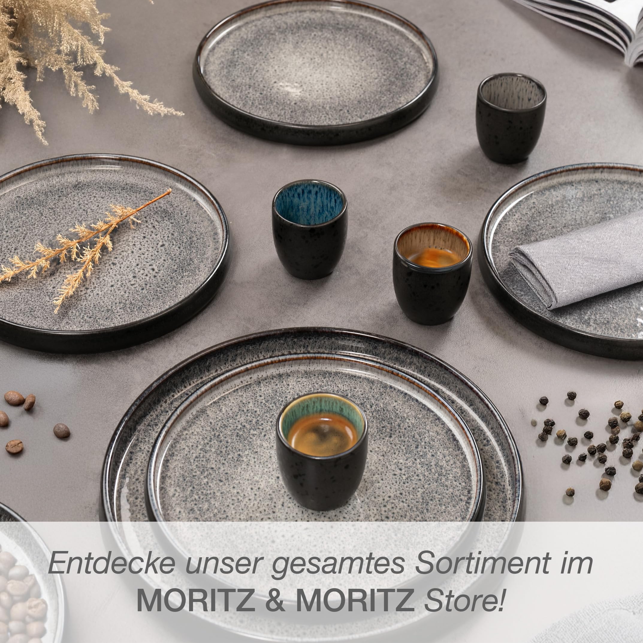Moritz & Moritz SOLID Espressobecher 4er Pack - Steingut Espresso Tassen 70 ml im Set - Reaktives Design mit farbigen Innenseiten - Robuste kleine Kaffeebecher - Leicht stapelbar & pflegeleicht