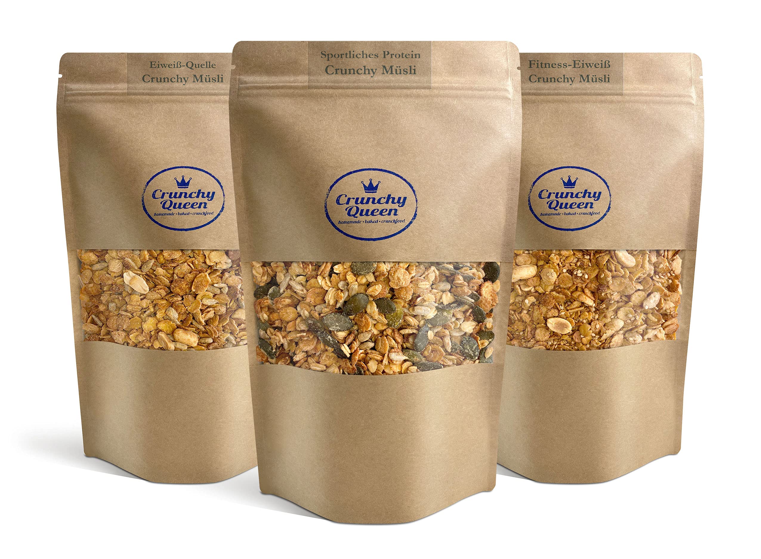 Protein-Knuspermüsli Probierpaket | Sparpaket | 30% Eiweiß | Handgemacht | High Protein & Low Carb Müsli | Vegan | Müsli ohne Zucker | Erdnussmus | 3x 340g Packung
