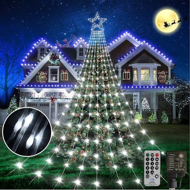 Hezbjiti Outdoor Christmas Decorations, 714 LED Waterfall Christmas Tree Lights with Topper Star Fairy Lights Mains Powered IP65 Waterproof & 8 Mode Xmas Lights for Christmas Decorations (Cool White)