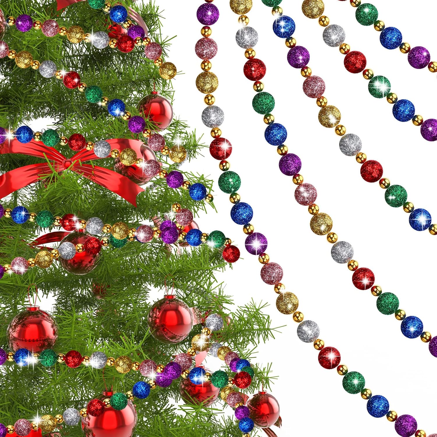 17 ft Christmas Tree Beads Garland - Glitter Ball Colorful Red Green Gold Beads for Xmas Decor - Holiday Hanging Decorations for Home Mantel
