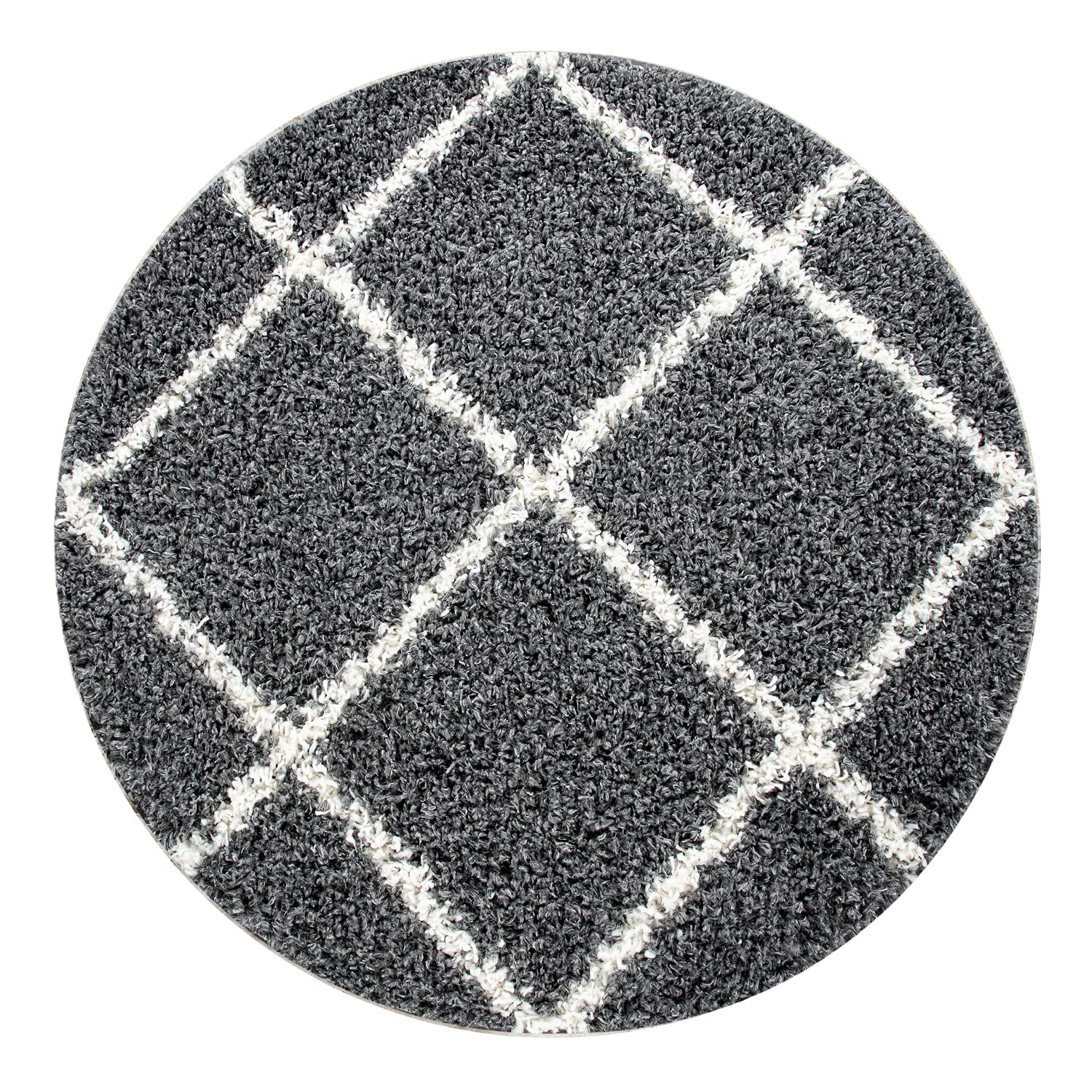 Paco Home Hochflor Teppich Wohnzimmer Schlafzimmer Shaggy Skandinavisch Rautenmuster, Grösse:160 cm Rund, Farbe:Anthrazit
