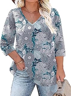 TFSDOD Womens Plus Size Tops V Neck T Shirts 3/4 Sleeve Blouse Summer Casual Tees XL-5X
