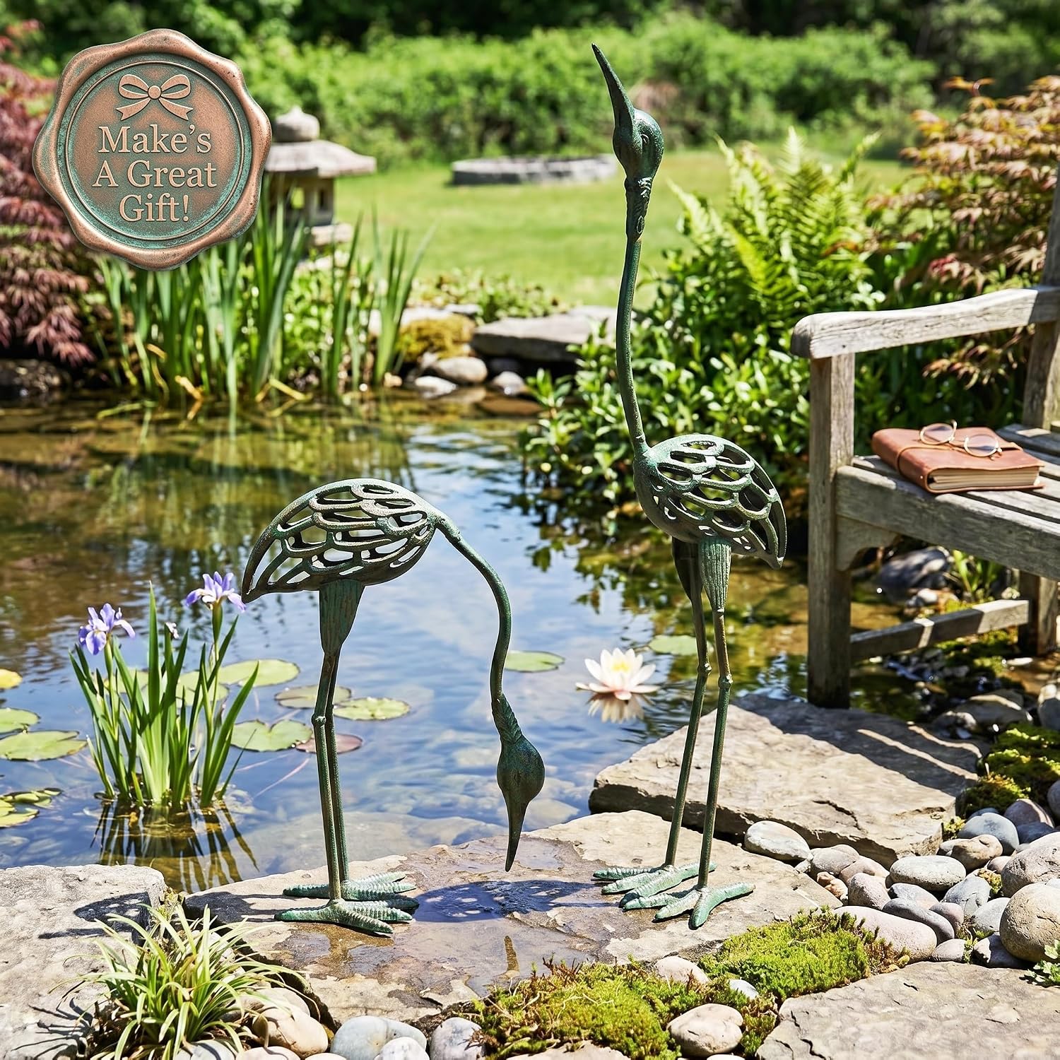 Seraphic Garden Decor Statues, Metal Crane Yard Art Sculptures, Green image 5