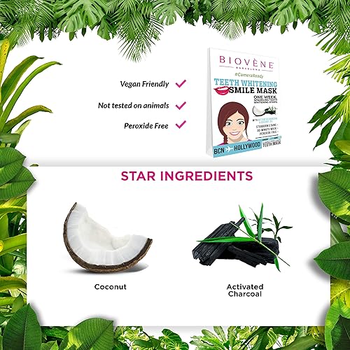 Miniatura 4 de Biovene Tiras blanqueadoras de dientes con máscara de sonrisa - con carbón activado y aceite de coco, apto para veganos, 14 tiras