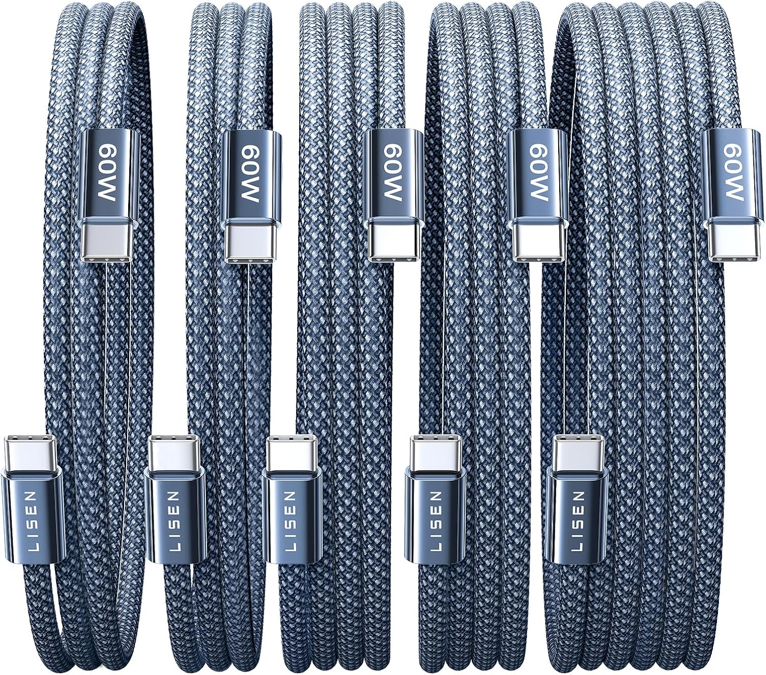 LISEN USB C Cable, 5-Pack [3.3/3.3/6.6/6.6/10FT] USBC to USBC Cable for iPhone 16e 15 Pro Max Charger Cord, 60W C to C Cable Fast Charging for Samsung S25/S24/23, Switch 2, iPad, MacBook, Midnight