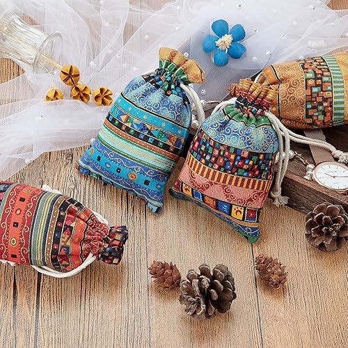 Miniatura 6 de Paquete de 28 bolsas de joyería de caramelo egipcio, bolsas de monedas con estampado azteca, bolsa de regalo con cordón para regalos de devolución,
