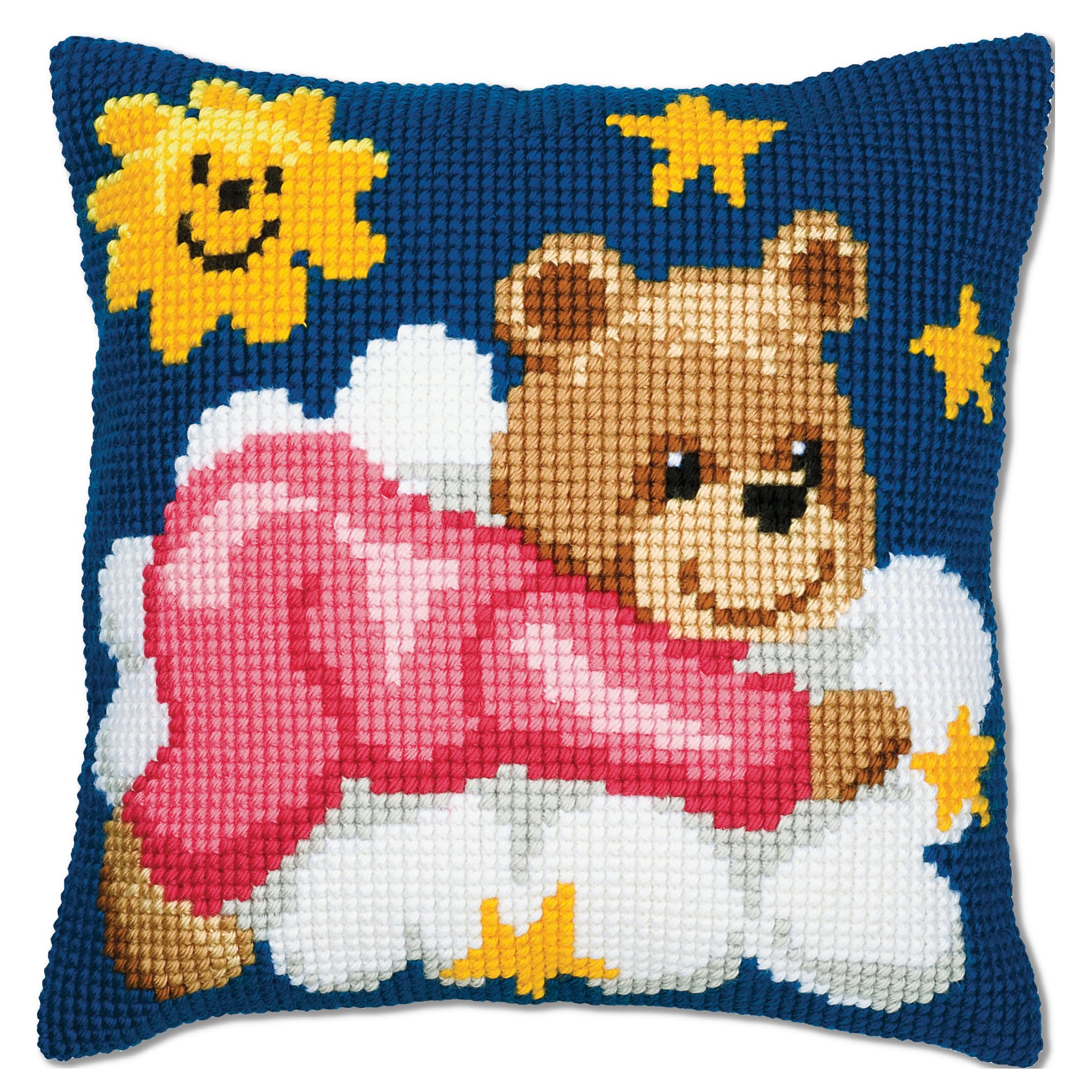 VERVACO Kreuzstich Set Kissen-Stickerei Rosa Bär auf Wolke