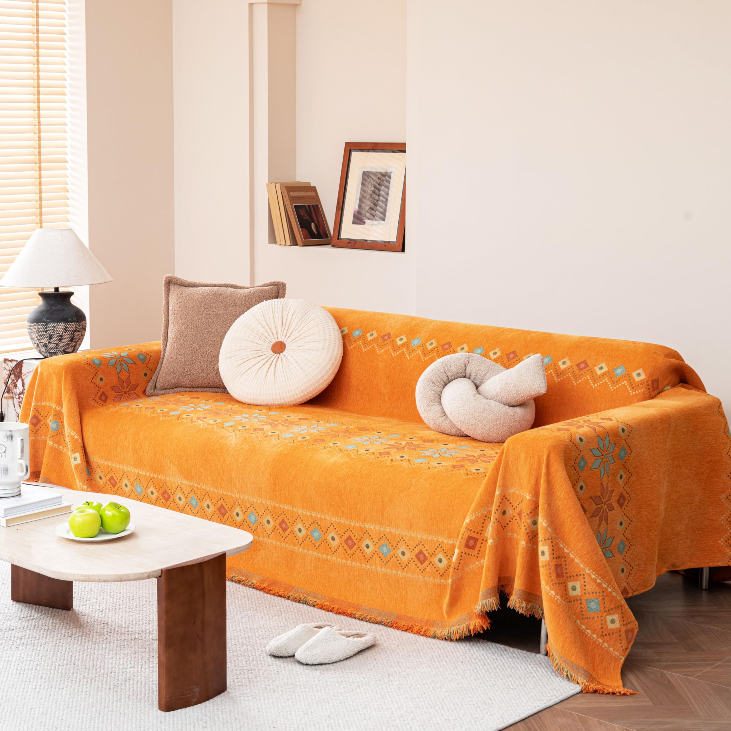 Funda de sofá de chenilla geométrica bohemia naranja manta colcha multiusos 180x180cm