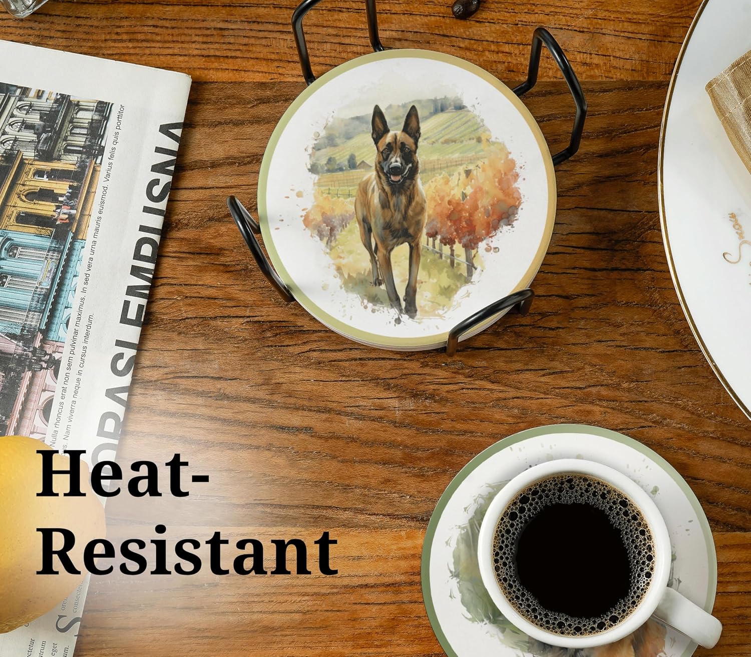 Belgian Malinois Gifts, Ceramic Coaster, Set of 6, with Gift Box, Absorbent with Cork Base, Home Decor for Family, Housewarming, Thanksgiving, Birthday and Christmas