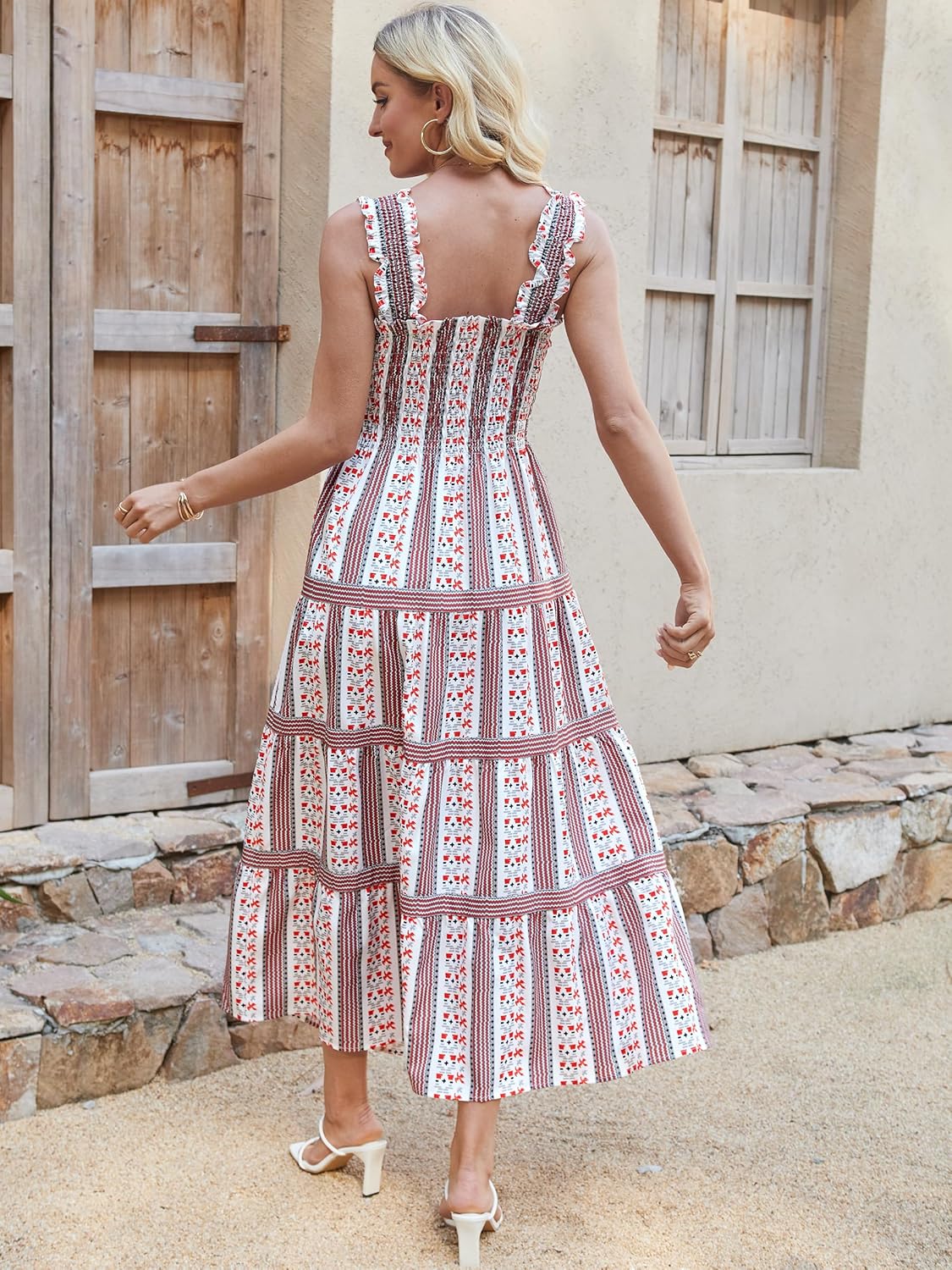 Caracilia Womens Summer Maxi Dresses Floral Smocked Sleeveless Ruffle Boho Casual Flowy Aline Beach Vacation Long Sundress - Image 6