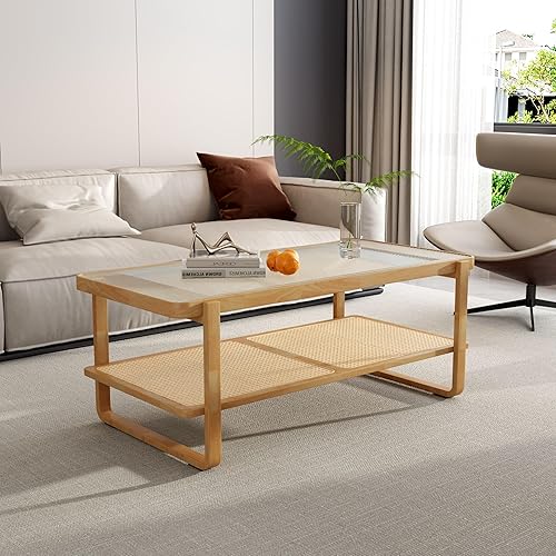 Miniatura 6 de TesNus Mesa de centro de madera maciza, moderna mesa de centro de ratán pequeña con estante de almacenamiento de 2 niveles, mesa de té rectangular