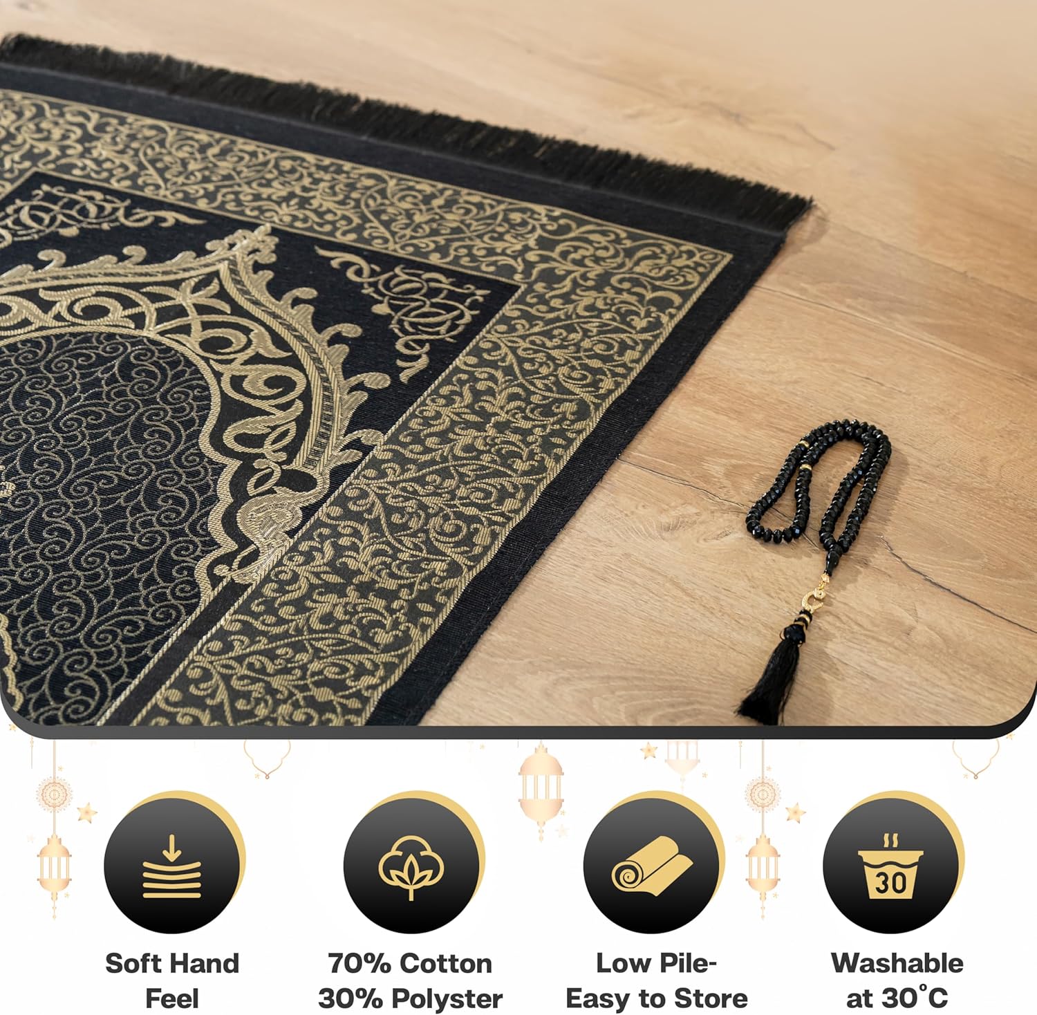 Muslim Prayer Rug with Islam Prayer Beads - Travel Prayer Mat, Islamic Gifts for Women, Portable Prayer Matt Islam, Islamic Prayer Rug Islam Men Women, Praying Mat for Muslim Gifts, Black - Image 3