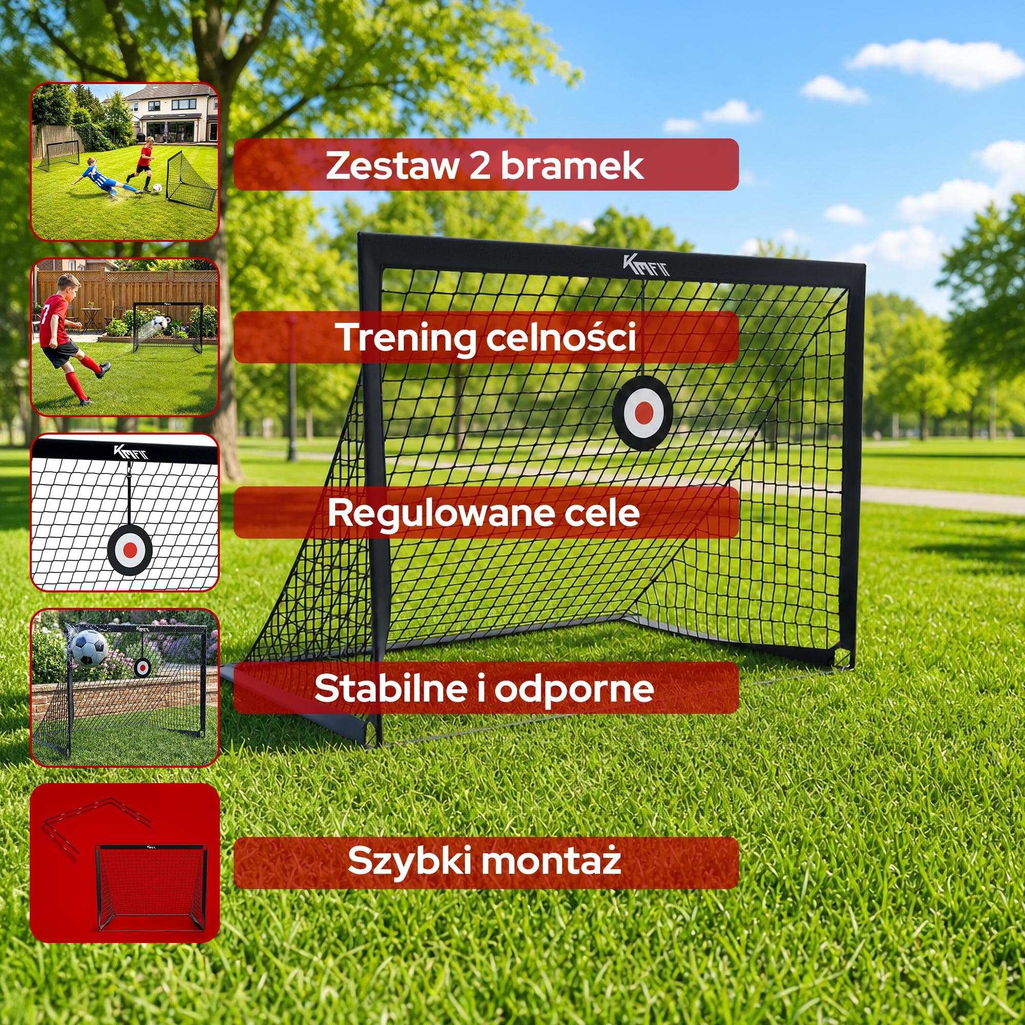 KM-Fit Zestaw 2 Bramki Piłkarskie 120 x 90 cm z Regulowanymi Celami Treningowymi | Bramka Piłkarska dla Dzieci do Ogrodu | Kotwy i Torba w Zestawie