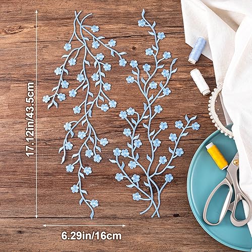Miniatura 3 de OIIKI Adornos para vestidos de 2 piezas, parches bordados de ciruela, apliques de tela de encaje floral azul, parche bordado para manualidades de