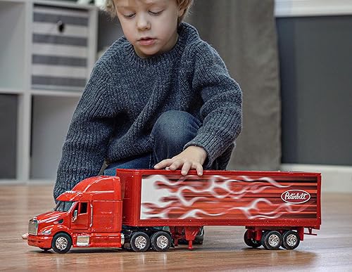 Miniatura 2 de Kenworth W900 Play Toy Tractor Trailer Truck para niños escala 143 fundida, diseño de bandera de Estados Unidos y águila, con funciones,