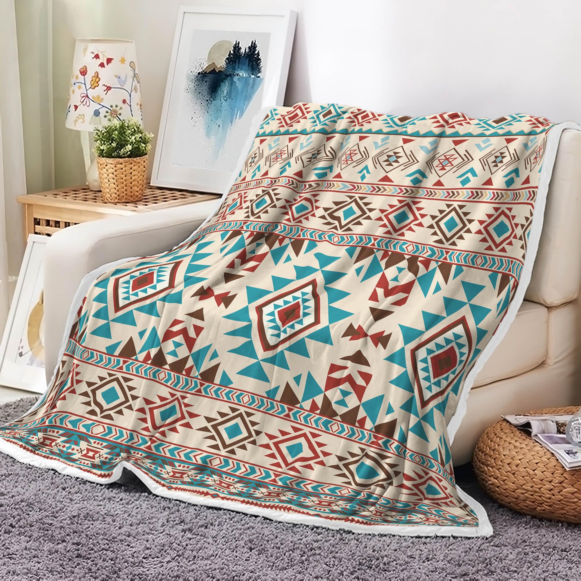 Bzhilja Western Throw Blankets,Southwestern Aztec Native Tribal Navajo American Ethnic Triangular Geometric Vintage Cozy Warm Bed Couch Blanket, Boho