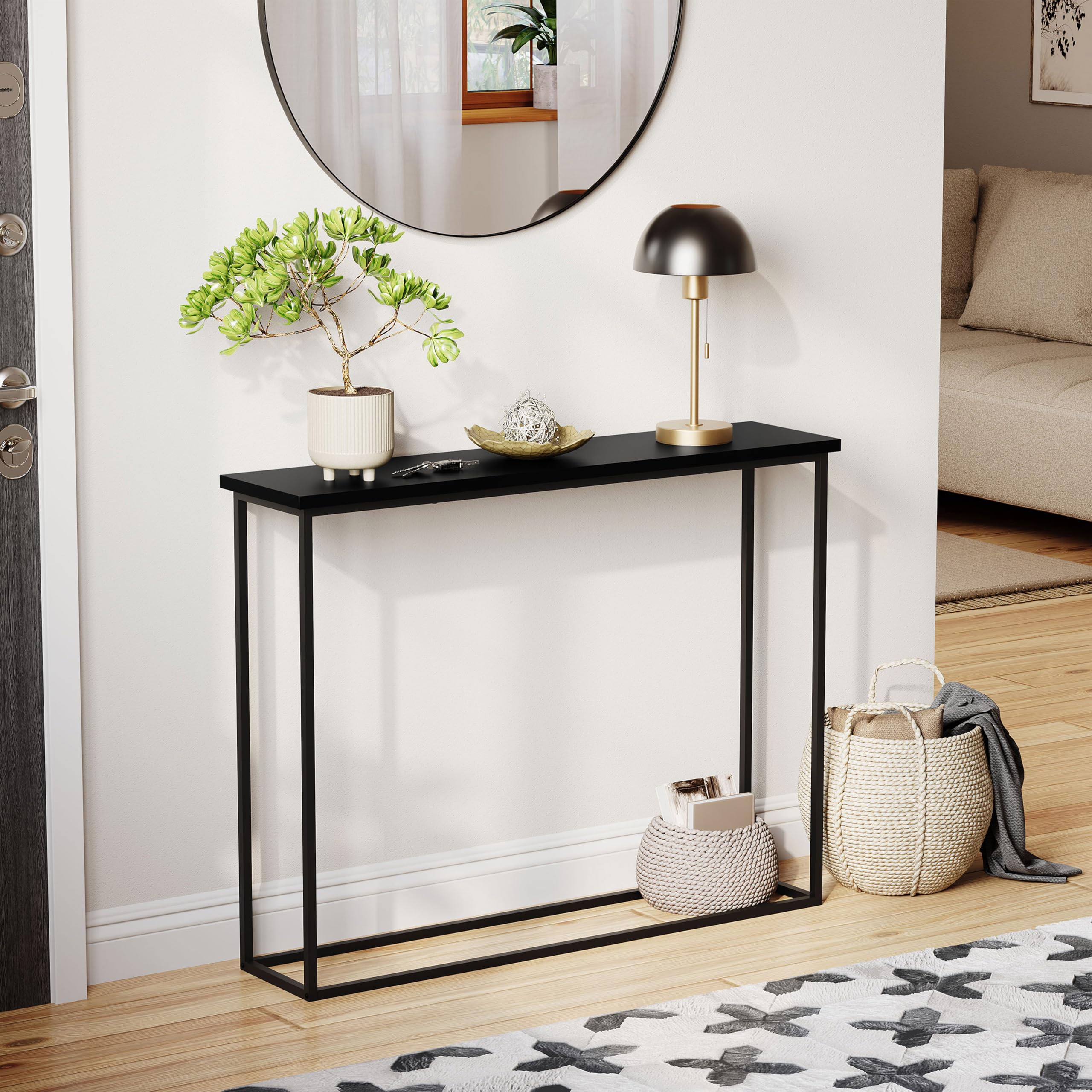 Vida Designs Narrow Console Table 100cm | Slim Hallway Table for Small Spaces | Industrial Metal Frame & Wood Effect Top | Modern Entryway/Sofa Table | Easy Assembly | Black