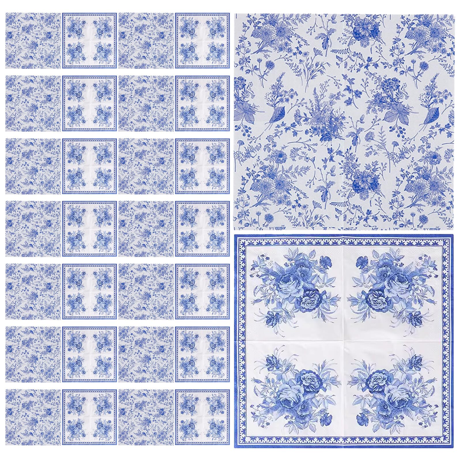 120 Unidades Servilletas Desechables Estampadas Vintage Azul Estampado Floral Chinoiserie, (de 20 Hojas), Servilletas Decorativas para Bodas, Fiestas y Cenas en Casa o Restaurante