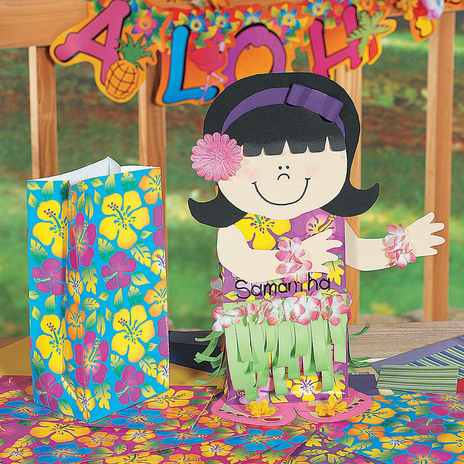 Fun Express Hibiscus Print Paper Bags for Party (1 Dozen) Party Supplies, Paper Treat Bags, Luau Themed