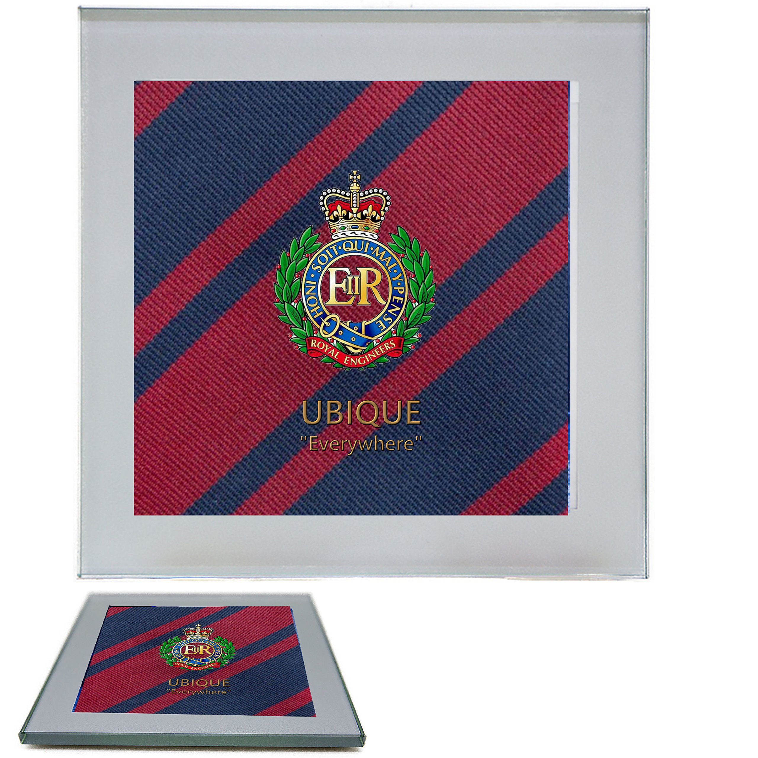 Royal Engineers Premium Drinks Mug Coaster Showing a Picture of The Regimental Badge on a Corps tie with The Motto "Ubique" – Everywhere