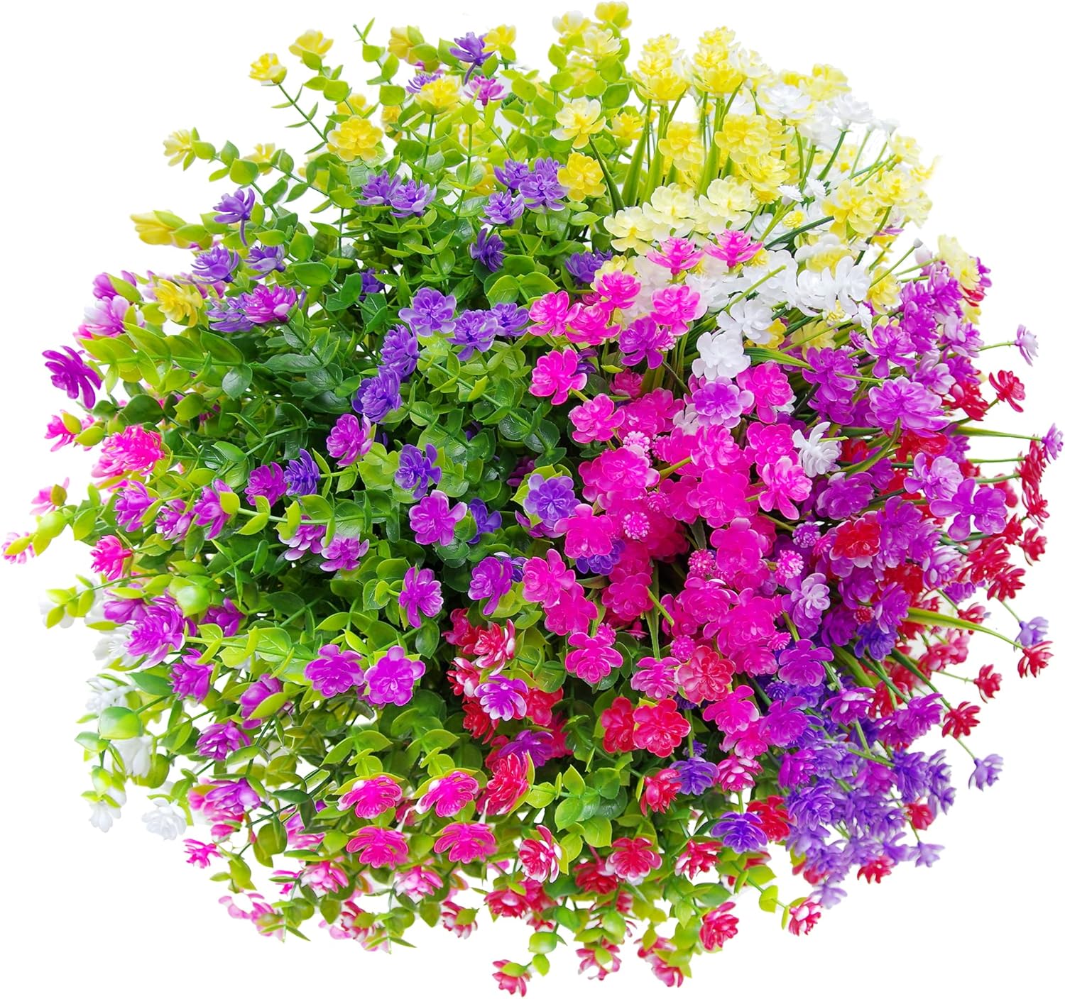 24 Bundles Artificial Flowers Outdoor Fake Mums Outdoor Plants Faux Flowers Bushes Bulk UV Resistant Plastic Greenery Decoration for Front Door Porch Outside Garden décor, 6 Colors