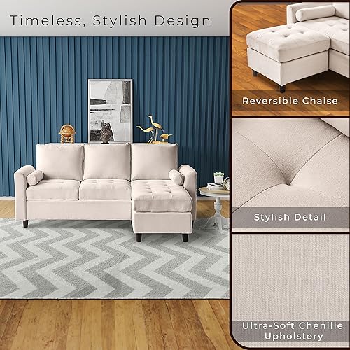 Miniatura 6 de Casa Andrea Milano NC Group - Sofá convertible de tela de felpilla en forma de L y acolchonado, sofá modular de 3 asientos con diván reversible para