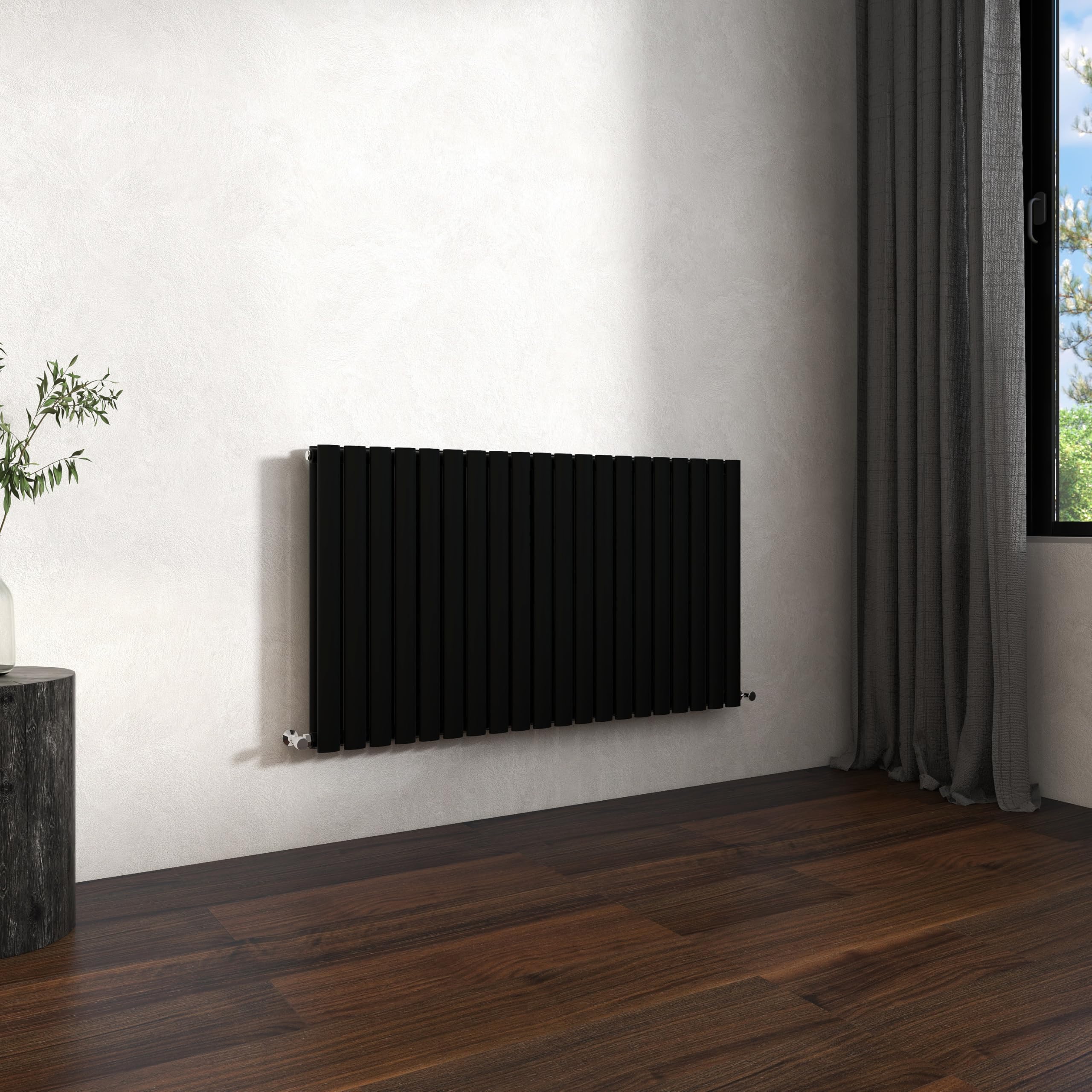 Traditional Horizontal Oval Column Radiator, 600x1180mm Black Modern Heating Radiators, Double Panel Wall Mounted Heater Rads, Perfect for UK Hallway, Living Room & Bathroom Central Heating