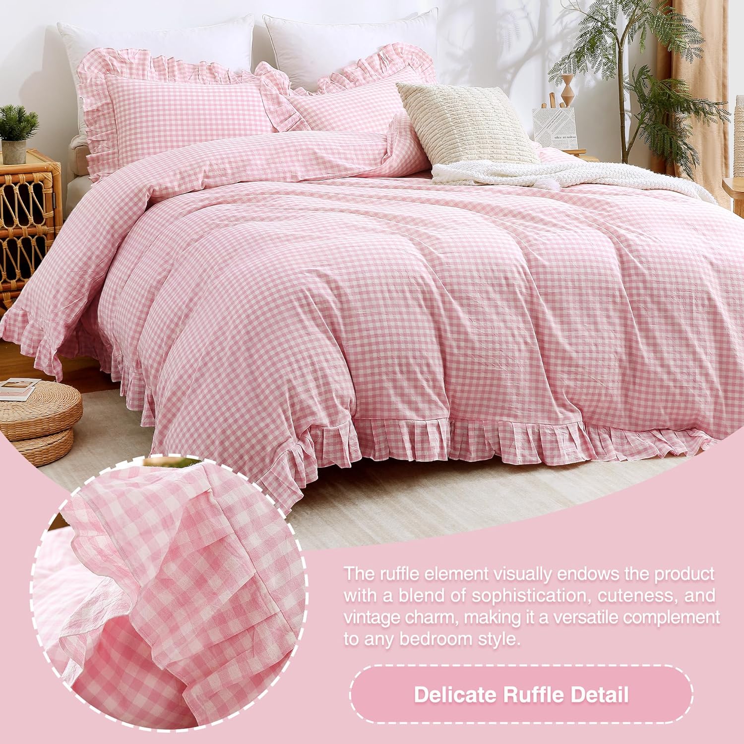 ATsense Pink Gingham Duvet Cover Bedding Set 100% Washed Cotton Like Linen Feel Soft Breathable 3 Pcs Plaid Checkered Cute Ruffle Comforter Cover Set (Twin 68"x90", No Comforter)