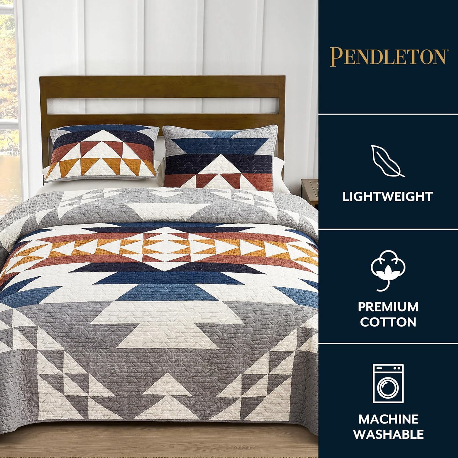 PENDLETON Explorer Full/Queen Quilt Bedding Set with 2 Shams Premium Cotton Lightweight Quilted Bedspread Coverlet for Bed Rustic Home Decor Machine Washable, 90-inch x 92-inch, Blue Grey Multicolor