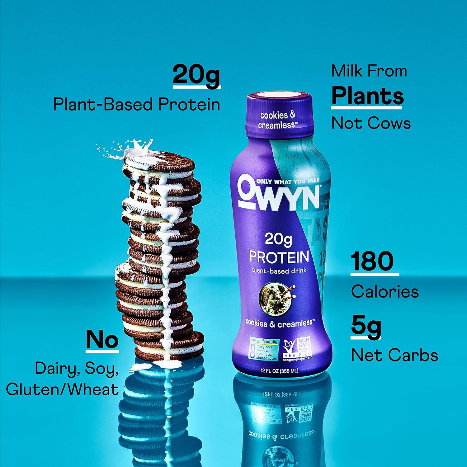OWYN Only What You Need Plant Based Protein Shake, 20g Vegan Protein from Organic Pumpkin Seed, Flax, Pea Blend, Prebiotic Supplement, Superfood Greens, Gluten & Soy-Free (Cookies & Creamless)