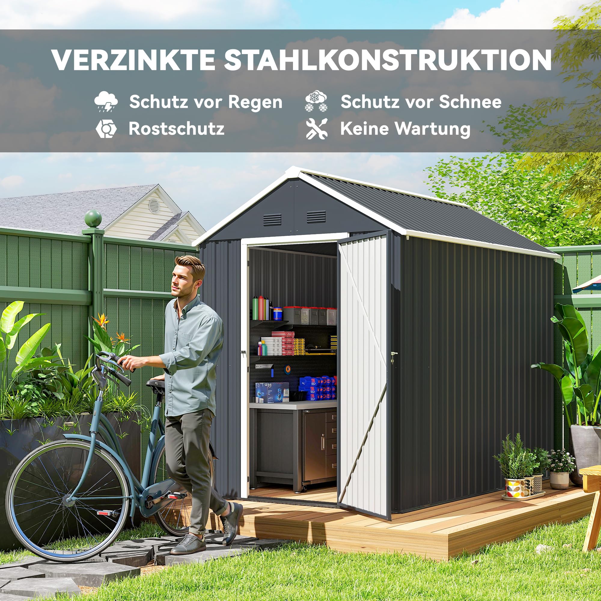 Outsunny Geräteschuppen 4㎡ mit Fenster 259 x 172 x 222 cm in Dunkelgrau | Stahl Gartenhaus, Abschließbares Gerätehaus, Gartenschrank, für Terrasse, Balkon