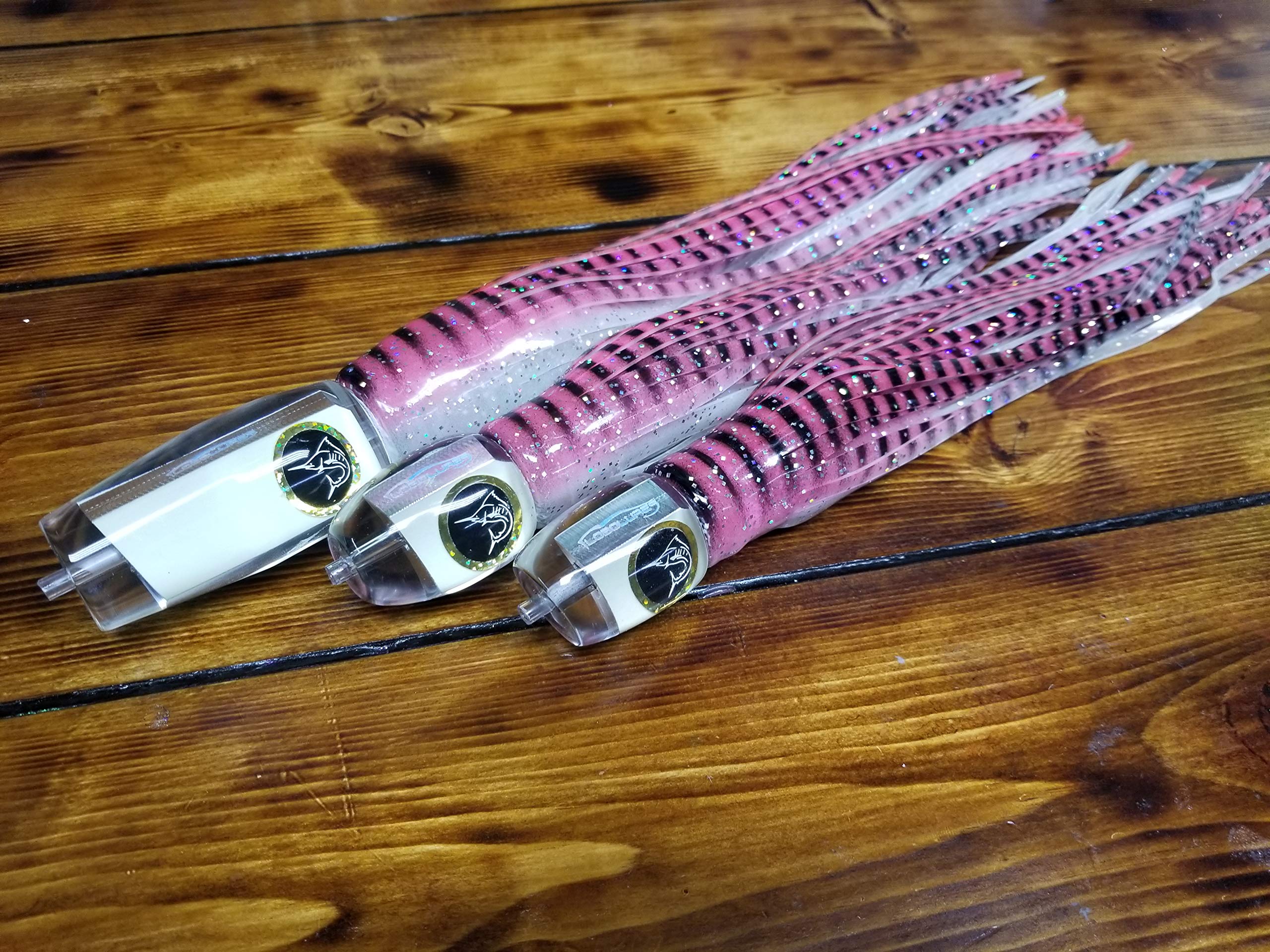 3 Pack Bigeye Series Pink Super Glow Big Game Fishing 12"-15" Trolling Lure Kit Marlin, Tuna Mahi Built in America!
