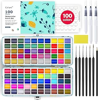 Caliart Watercolor Paint Set, 100 Colors Portable Travel Water Color Palette Kit with Detail Paint Brush, Art Supplies for Painting Coloring, Christmas Gifts for Artist Adult Teen Girls Boys Beginners
