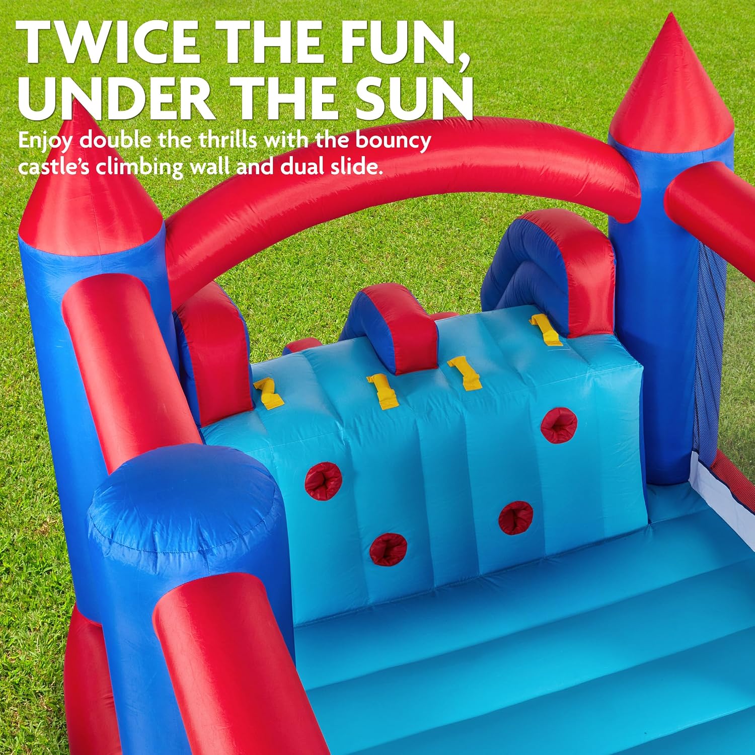 Sunny & Fun Inflatable Bouncy Castle with Dual Slide – Heavy-Duty for Outdoor Fun - Climbing Wall, Slides, Bounce House – Easy to Set Up & Inflate with Included Air Pump & Carrying Case
