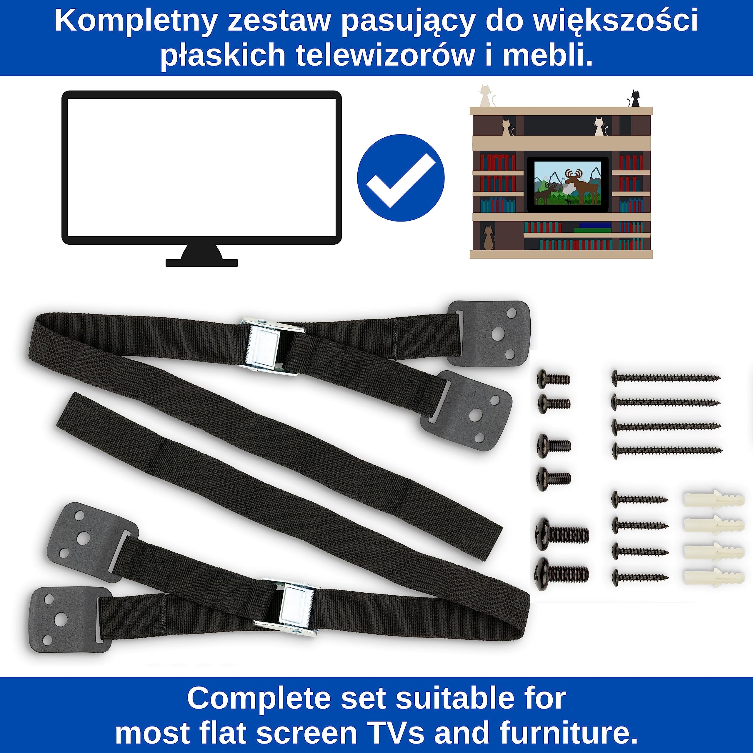 Zabezpieczenie przed wywróceniem się telewizora, półki i szafki, opakowanie 2 szt. do przykręcenia, łatwe do aktywacji/dezaktywacji, dla małych dzieci i zwierząt domowych, w zestawie kołki i śruby