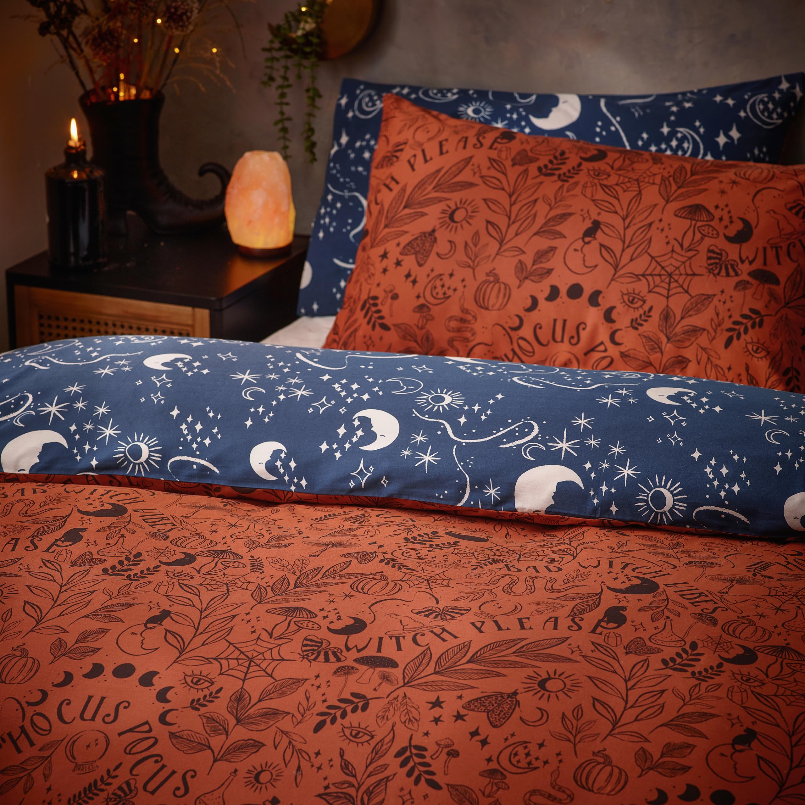 Furn Witchy Vibes Duvet Cover Set - Reversible Halloween Design Soft Cotton Blend with Celestial Reverse (Orange - Double) - Image 3