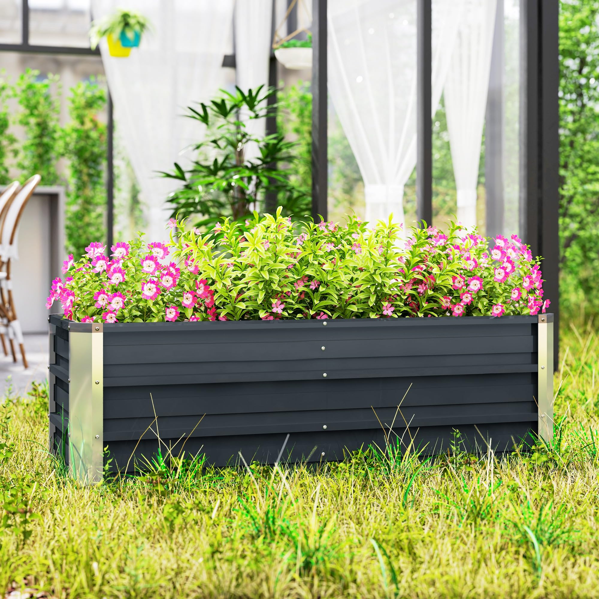 Outsunny Hochbeet aus Stahl mit Handschuhe 125 x 47 x 44 cm Kohlegrau | Schmal Gartenbeet, Pflanzkasten, Blumenkasten, Blumenkübel