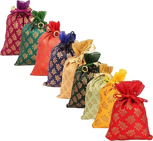 Miniatura 4 de Touchstone Preciosas bolsas de regalo reutilizables, respetuosas con el medio ambiente, con cordón grande, patrón de hojas de mimosa, brocado para