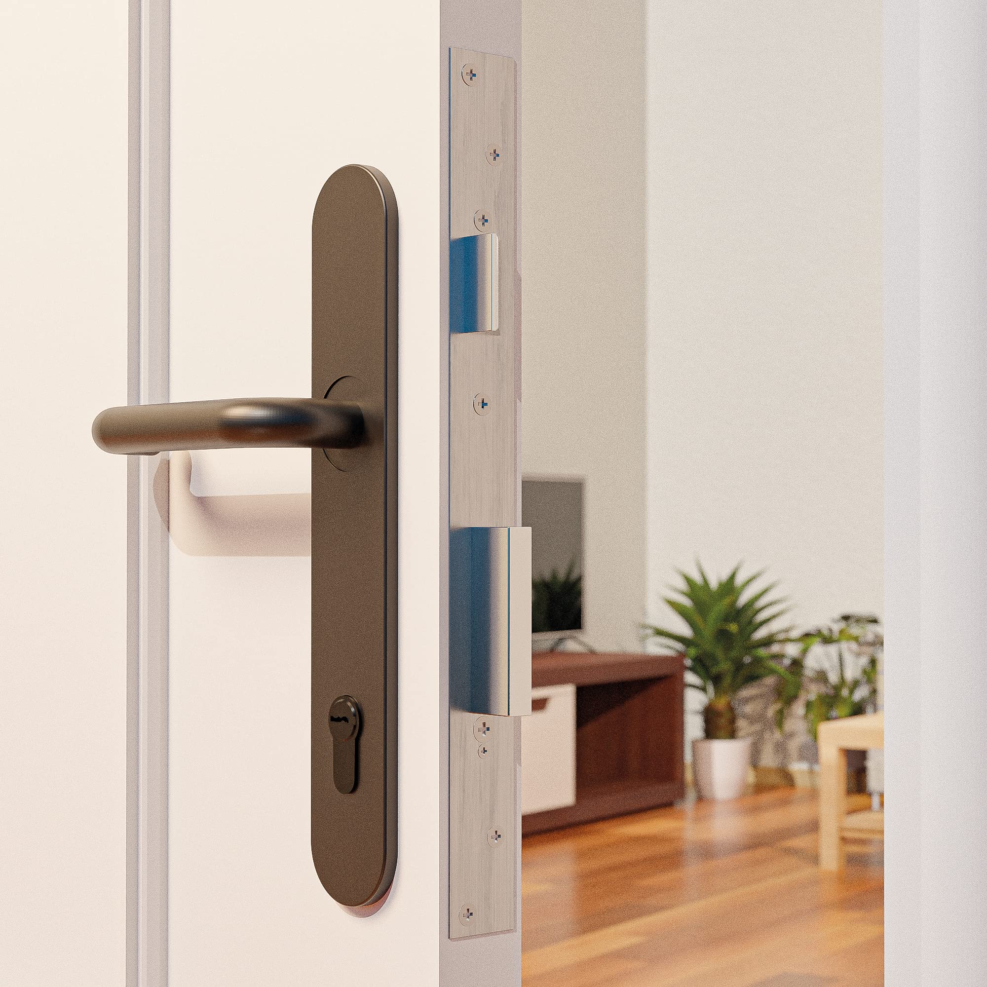 Amig - Juego de Manilla con Placa de Polipropileno para Puertas - 245 x 45 mm - Cuadradillo de 8 mm - Diseño Sencillo ideal para tu hogar u oficina - Con Bocallave - Acero y Polipropileno Negro