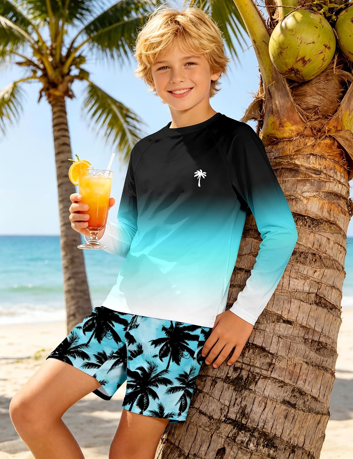 MIGU Boys Swim Set with Sleeve Rash Guard Boys Swimsuit 2 Piece Print Bathing Suit and Swim Trunks