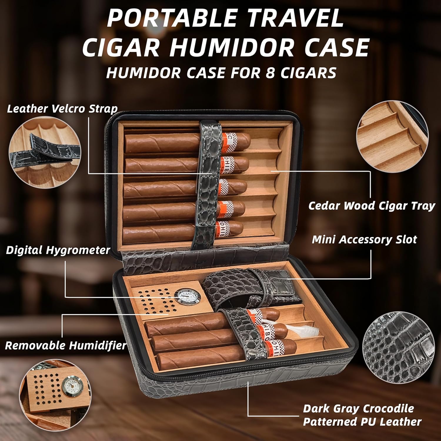 Travel Cigar Humidor Case – 8 Cigar Portable Cigar Travel Case with Cedar Wood Lining, Built-in Hygrometer & Humidifier, Leather-Style Cigar Humidor Case for Men (Dark Gray)