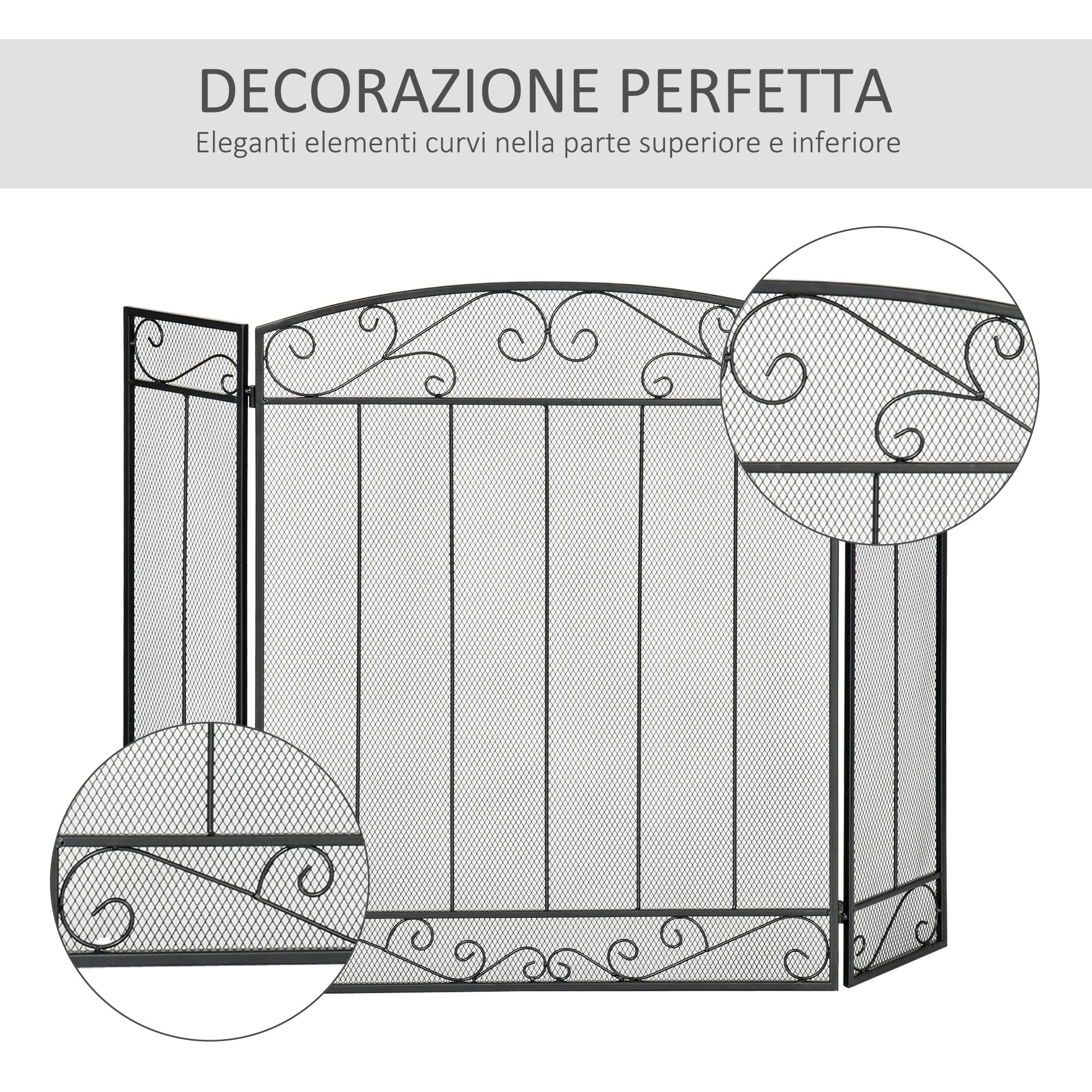 HOMCOM Parascintille Caminetto con 3 Pannelli Pieghevoli in Metallo e Acciaio Nero 105x1.6x80.5cm