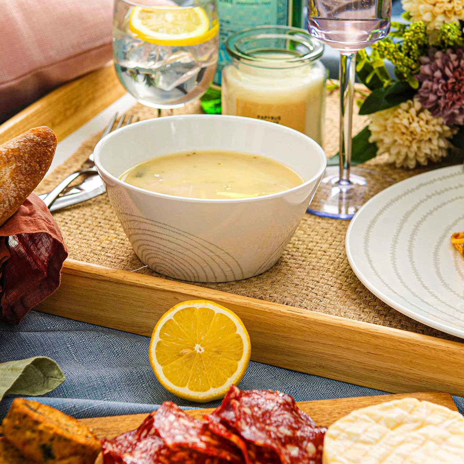 BZYOO BPA-Free Dishwasher Safe 100% Melamine Plastic Plate & Bowl Set Casual dining Indoor and Outdoor Dining Party (12 PCS Dinnerware set, Service for 4, white planet)