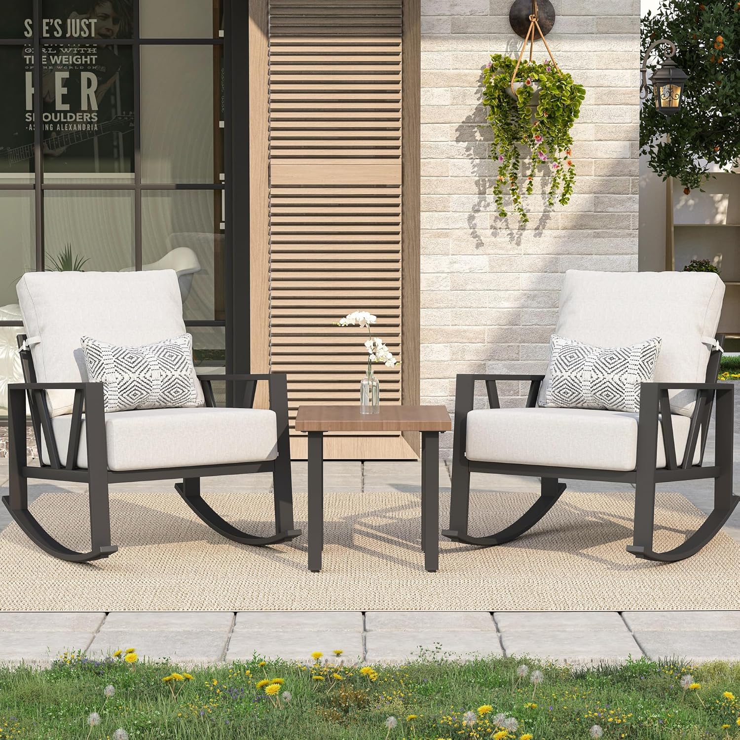 Patio Porch Furniture Set, Outdoor Rocking Chairs Set of 2 with Coffee Table, 3 Piece Metal Outdoor Patio Bistro Conversation Set, Beige