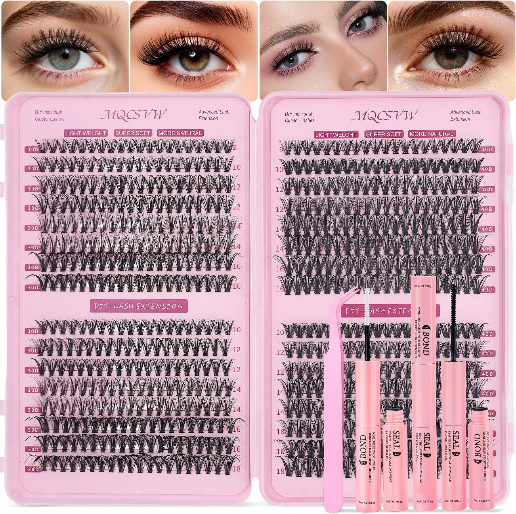 Lash Clusters Kit, 640 Pcs Wispy Cluster Eyelash Extensions 9-18mm Individual Lashes 30D+40D Fluffy Natural False Eyelashes, with Tweezers Bond Seal Diy