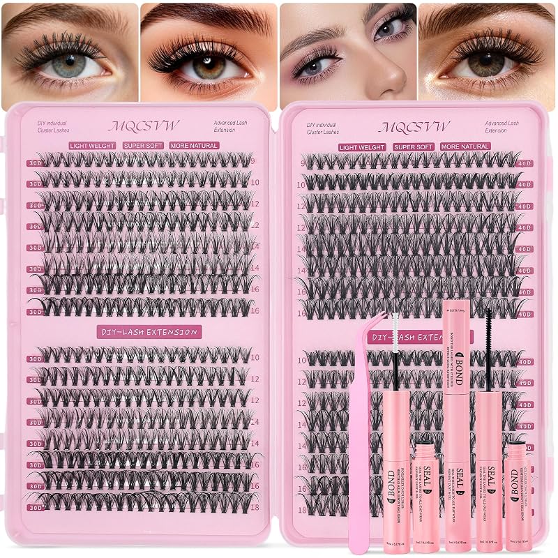 Kit de cílios postiços em tufos MQCsvw, 640 unidades, 9–18 mm, 30D e 40D, com pinça, cola e selante